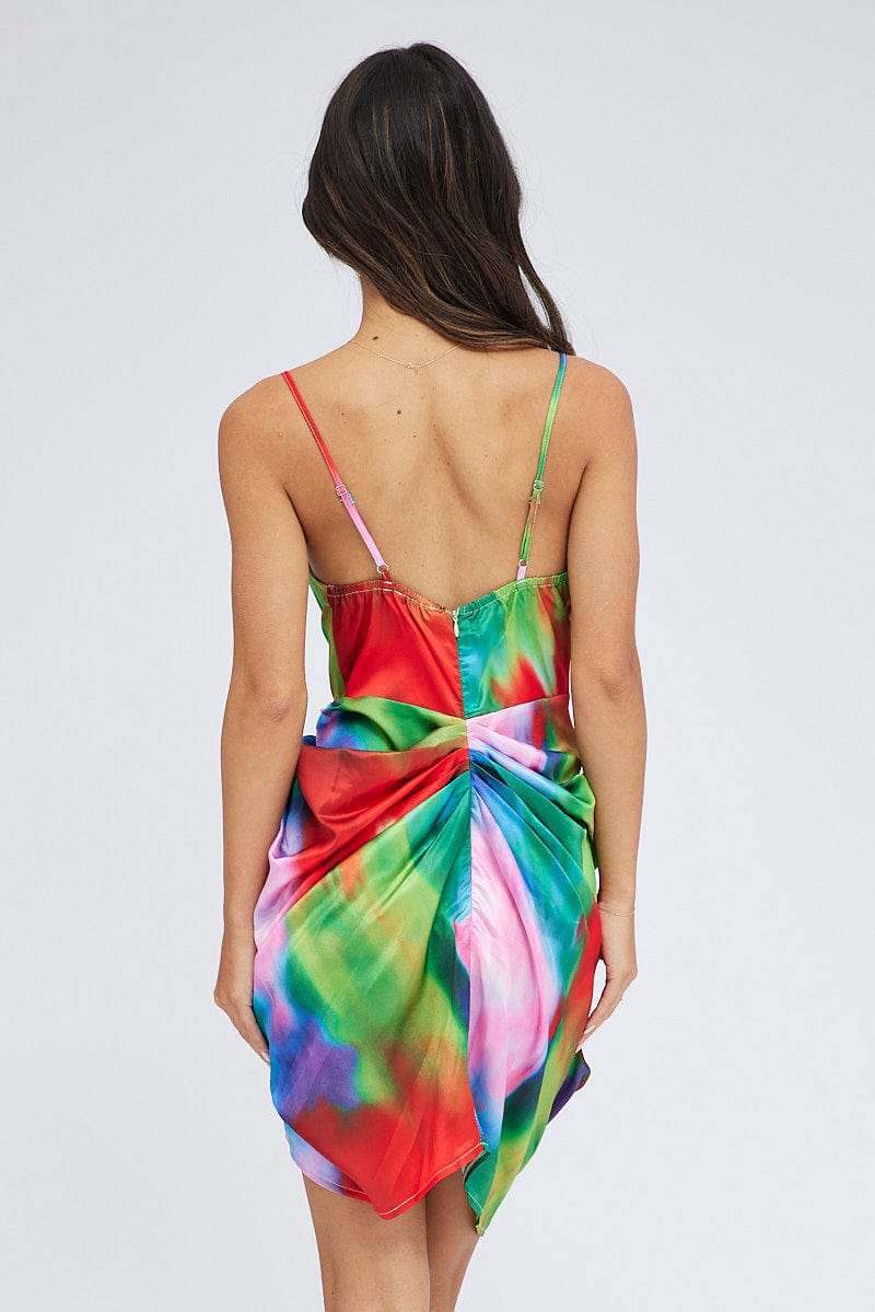 Multi Print Mini Dress Ruched Ombre Cowl Neck Satin for Ally Fashion