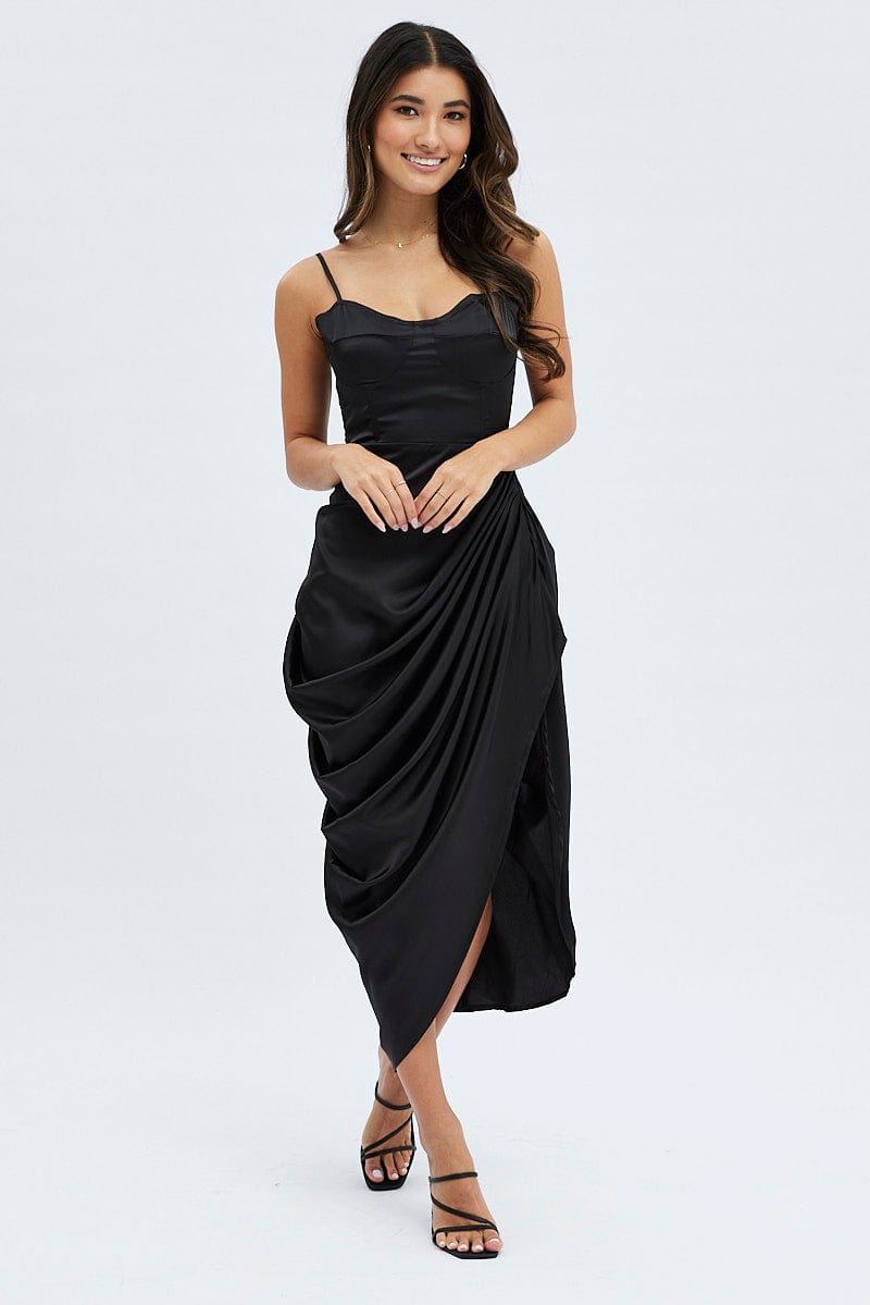 Black Satin Draped Strappy Midi Dress for Ally Fashion