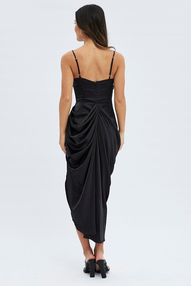 Black Satin Draped Strappy Midi Dress for Ally Fashion