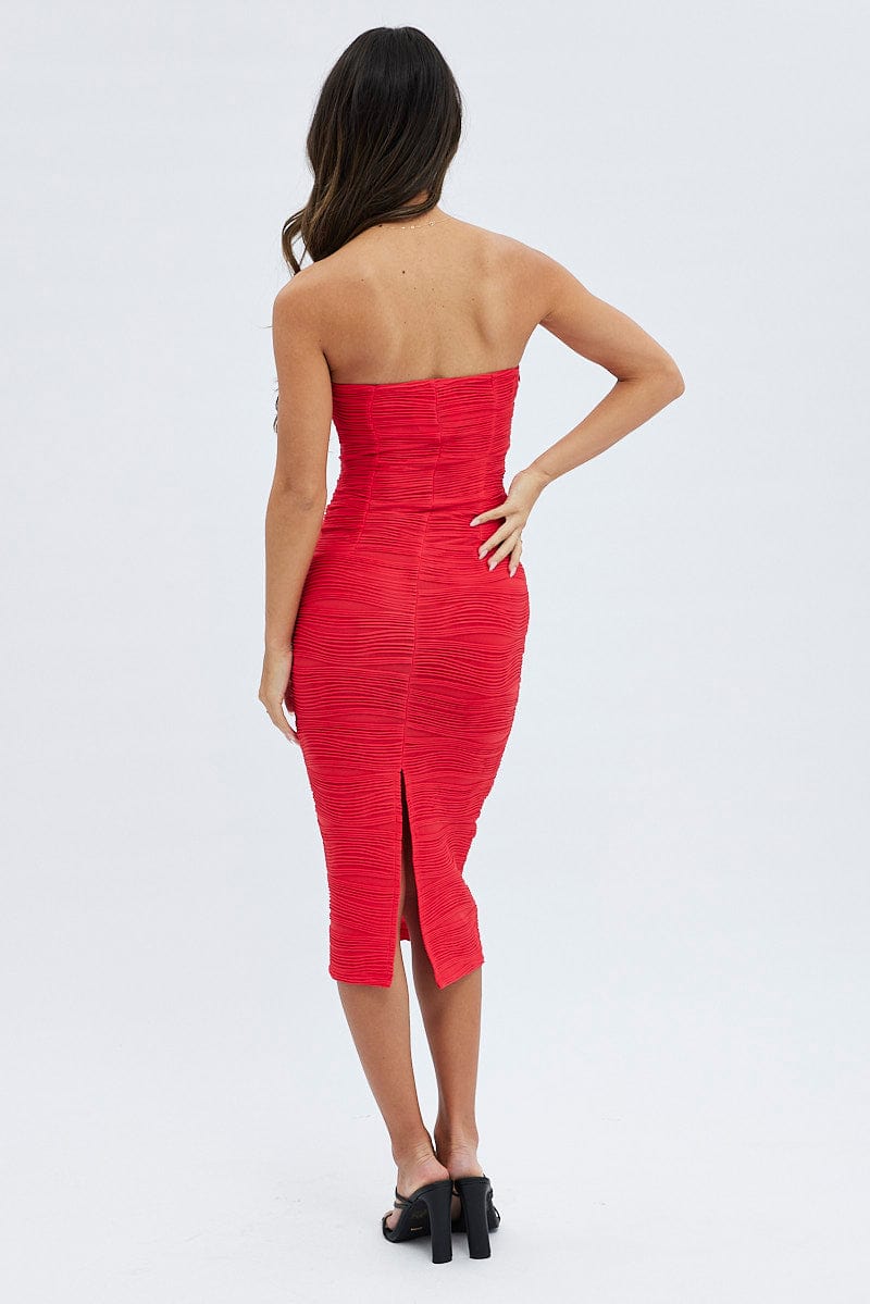 Red Textured Corset Bodycon Midi Dress for Ally Fashion