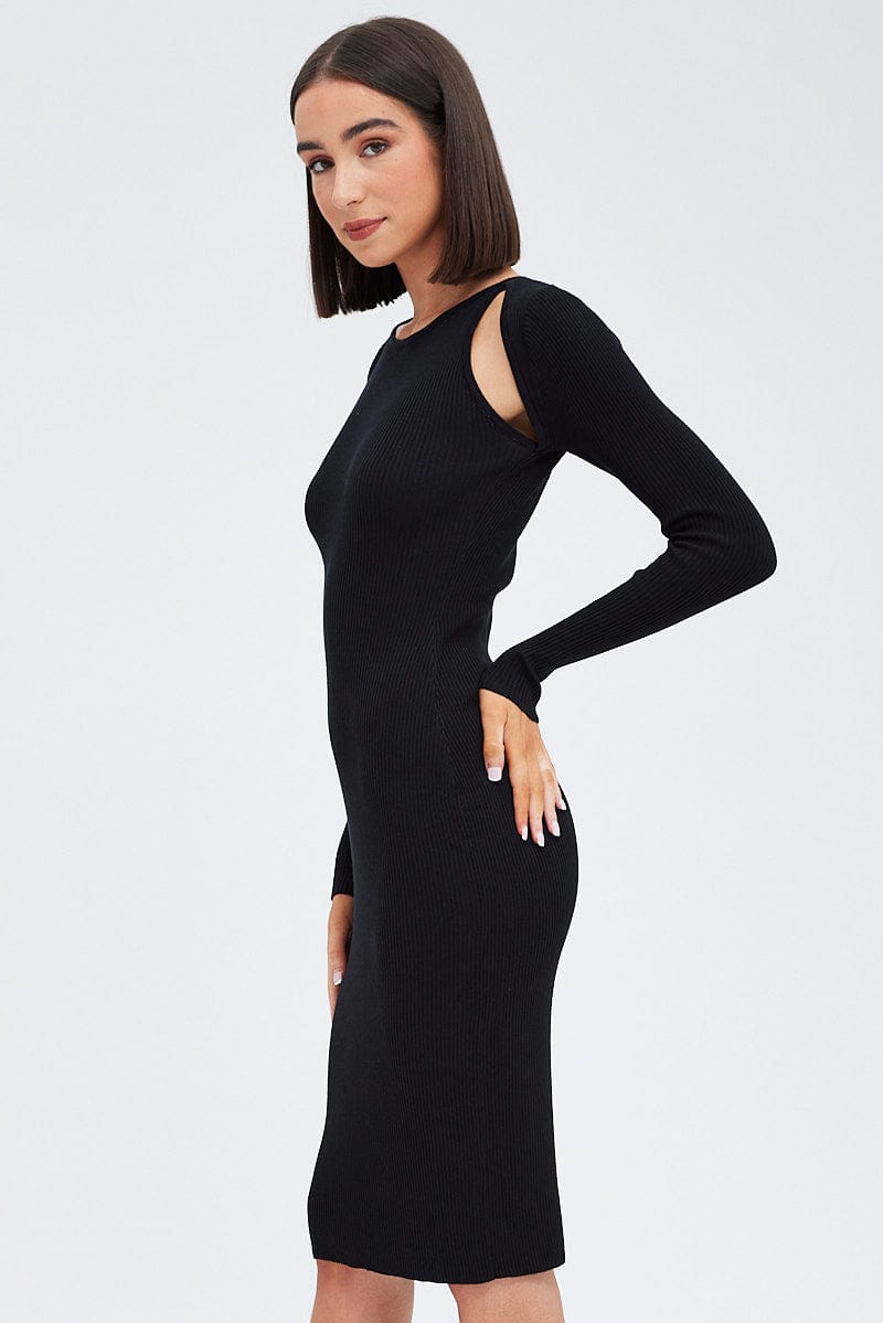 Black Midi Dress Long Sleeve Keyhole Bodycon Rib Knit | Ally Fashion