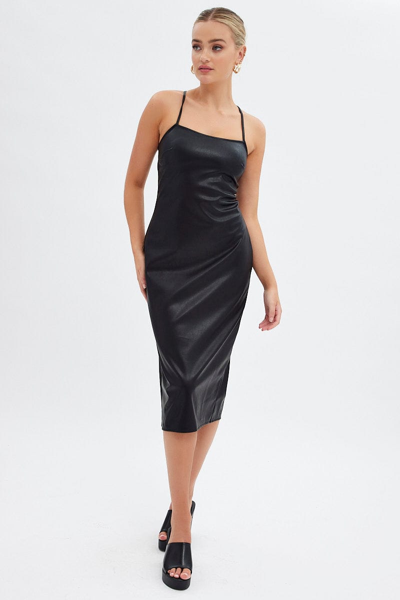 Black Faux Leather Dress Sleeveless Scoop Neck Midi for Ally Fashion