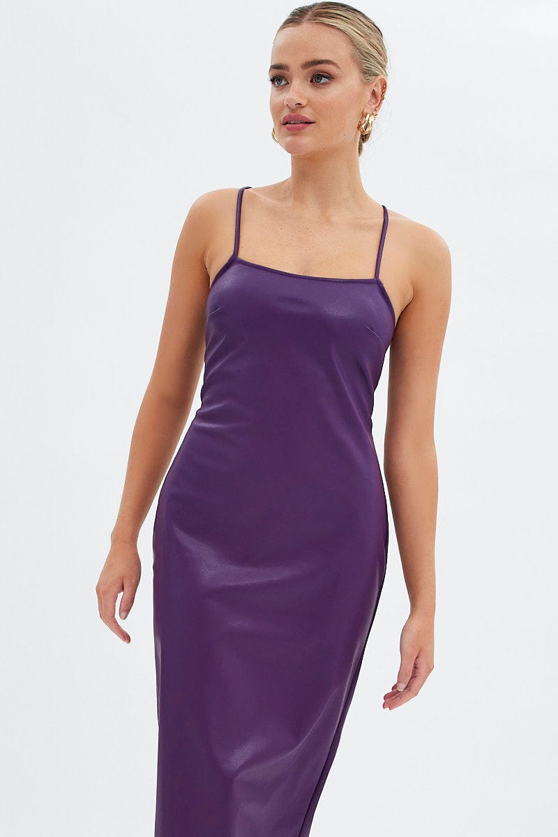 Purple Faux Leather Dress Sleeveless Scoop Neck Midi for Ally Fashion