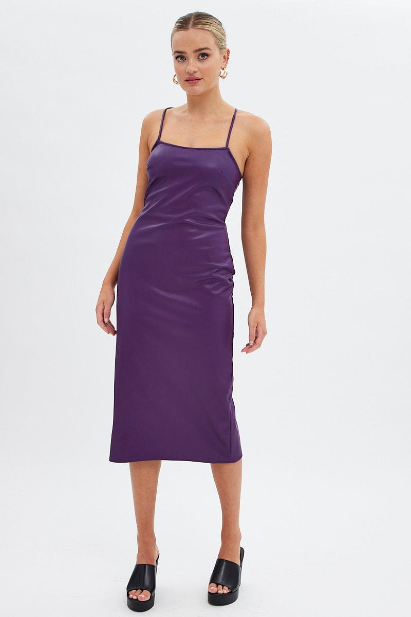 Purple Faux Leather Dress Sleeveless Scoop Neck Midi for Ally Fashion