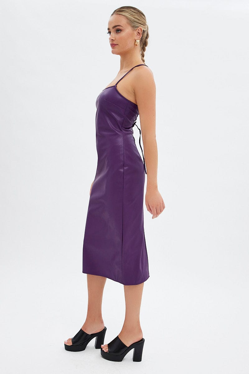 Purple Faux Leather Dress Sleeveless Scoop Neck Midi for Ally Fashion