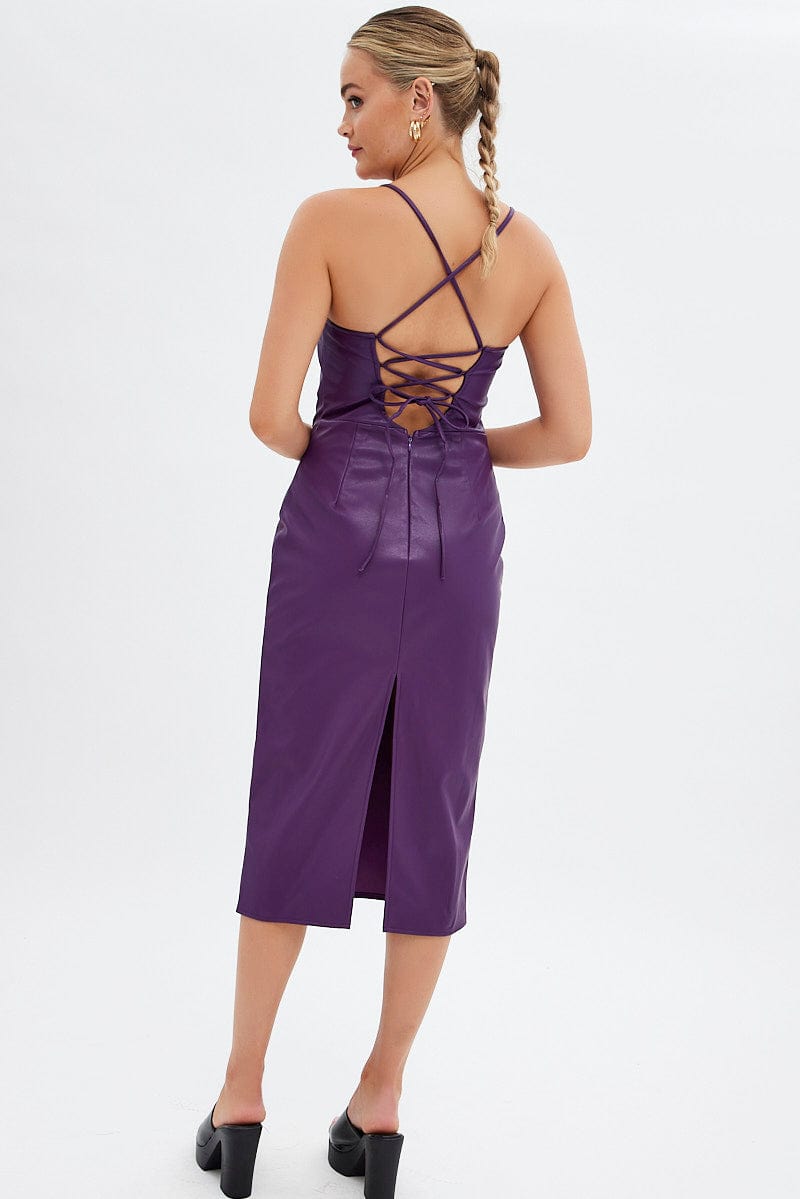 Purple Faux Leather Dress Sleeveless Scoop Neck Midi for Ally Fashion