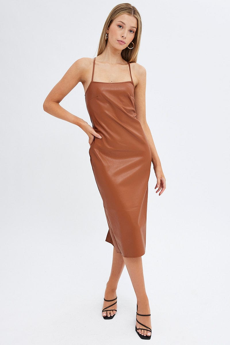 Beige Faux Leather Dress Sleeveless Scoop Neck Midi for Ally Fashion