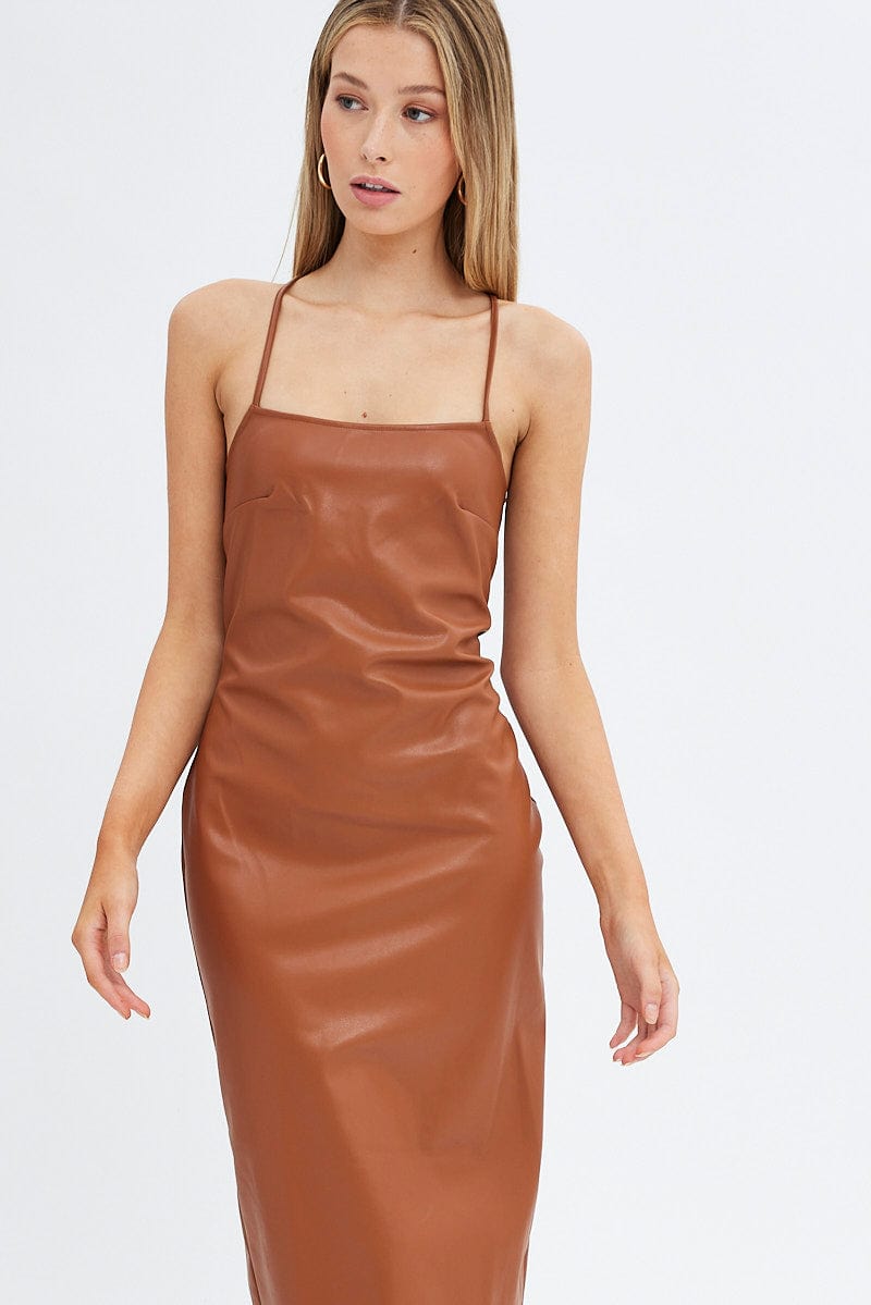 Beige Faux Leather Dress Sleeveless Scoop Neck Midi for Ally Fashion