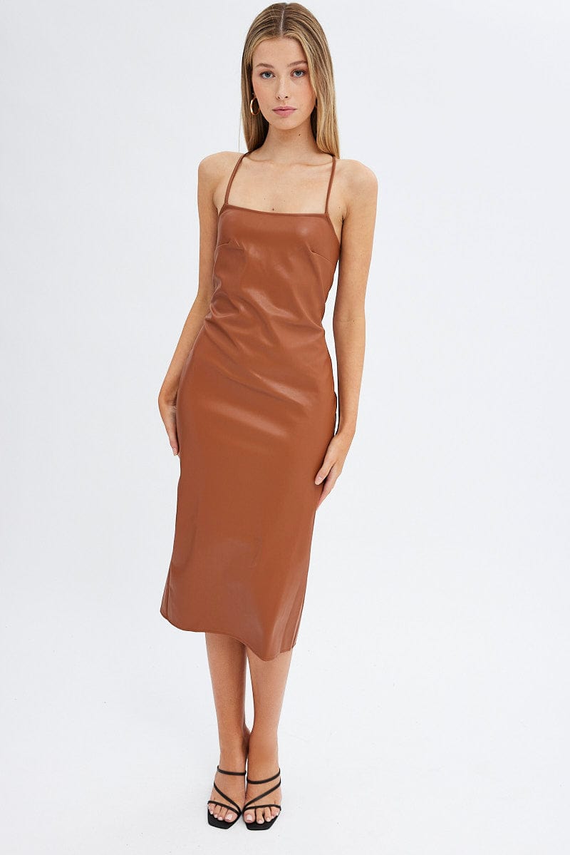 Beige Faux Leather Dress Sleeveless Scoop Neck Midi for Ally Fashion