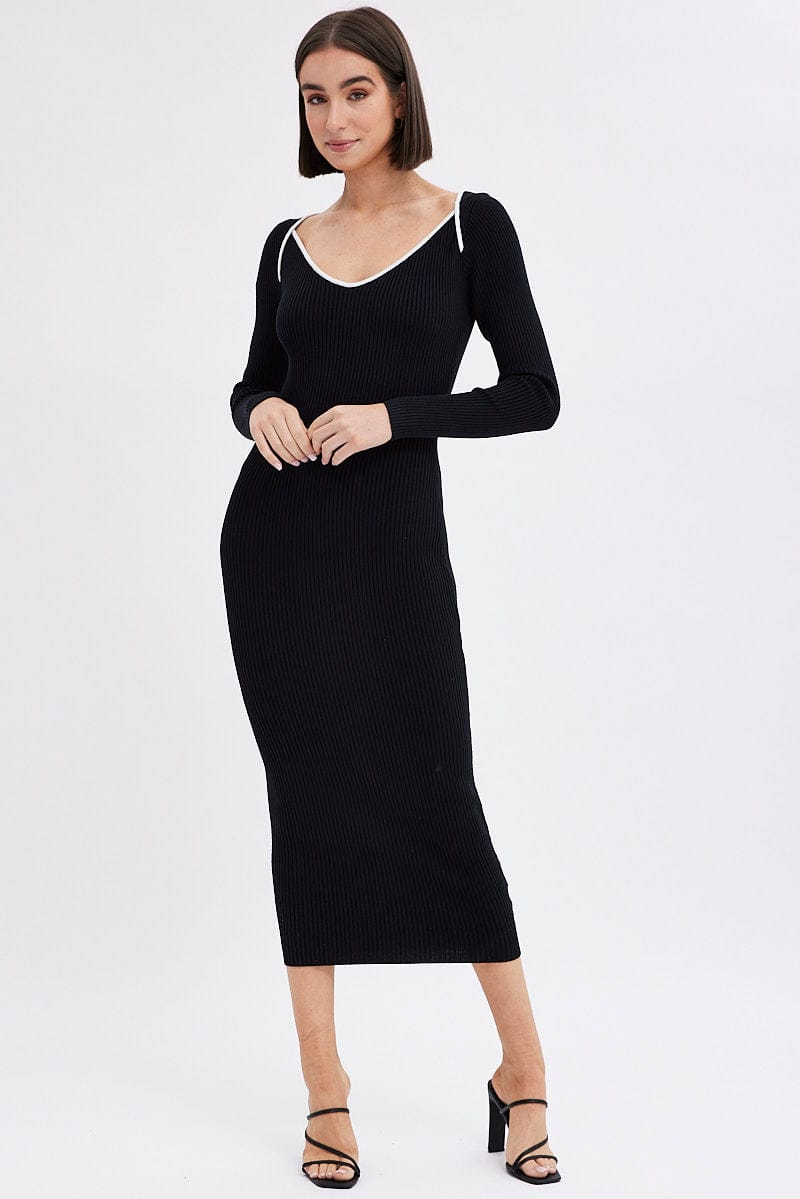 Black Midi Dress Long Sleeve Sweetheart Contrast Bind for Ally Fashion