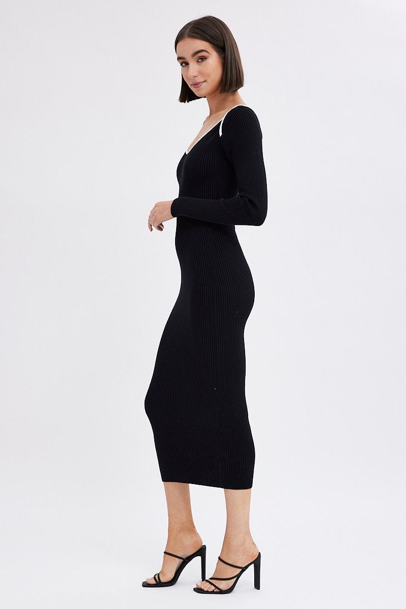 Black Midi Dress Long Sleeve Sweetheart Contrast Bind for Ally Fashion