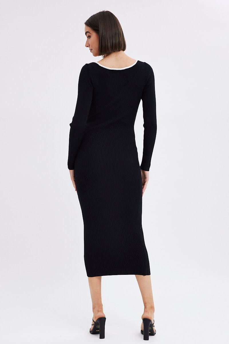 Black Midi Dress Long Sleeve Sweetheart Contrast Bind for Ally Fashion