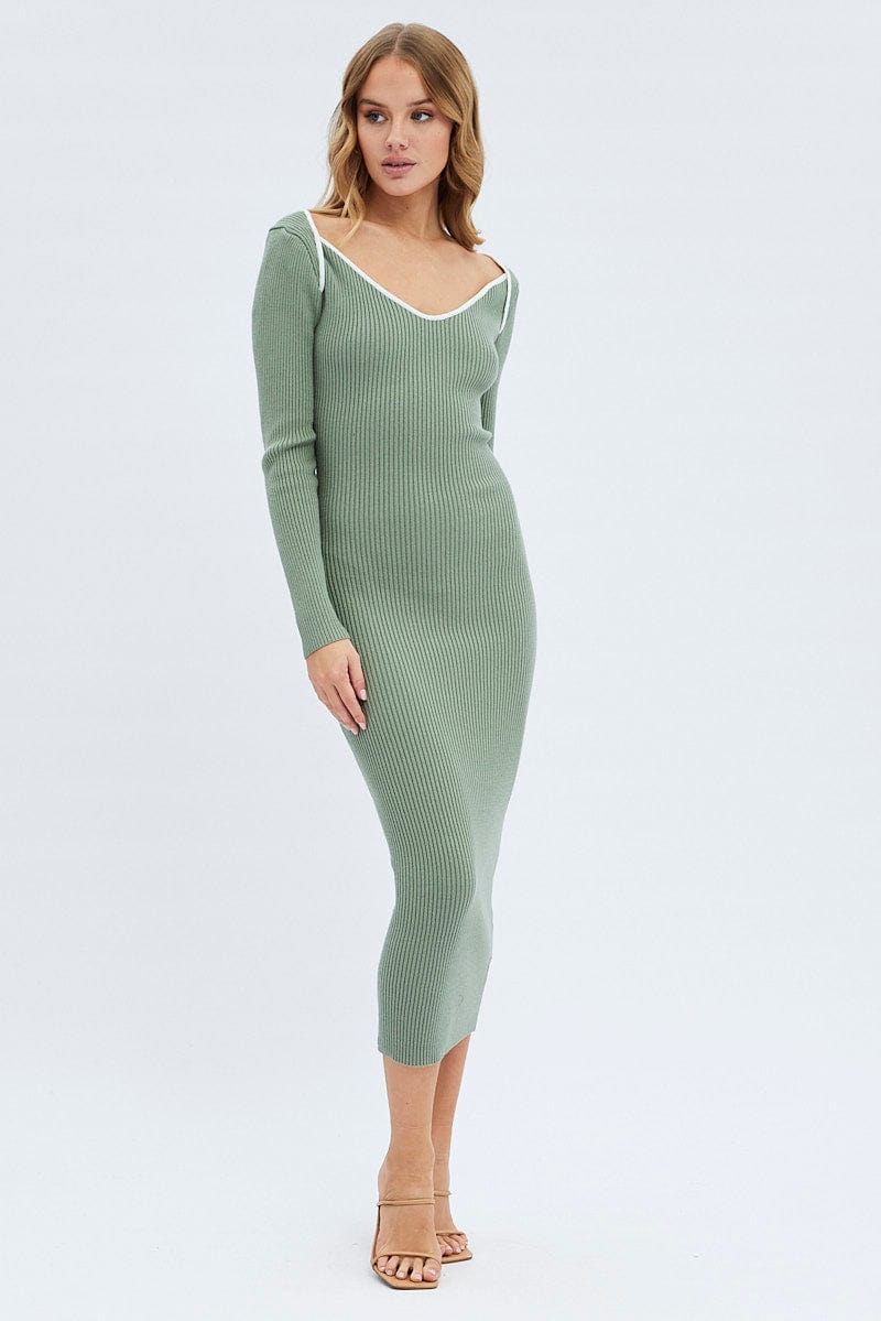 Green Midi Dress Long Sleeve Sweetheart Contrast Bind for Ally Fashion