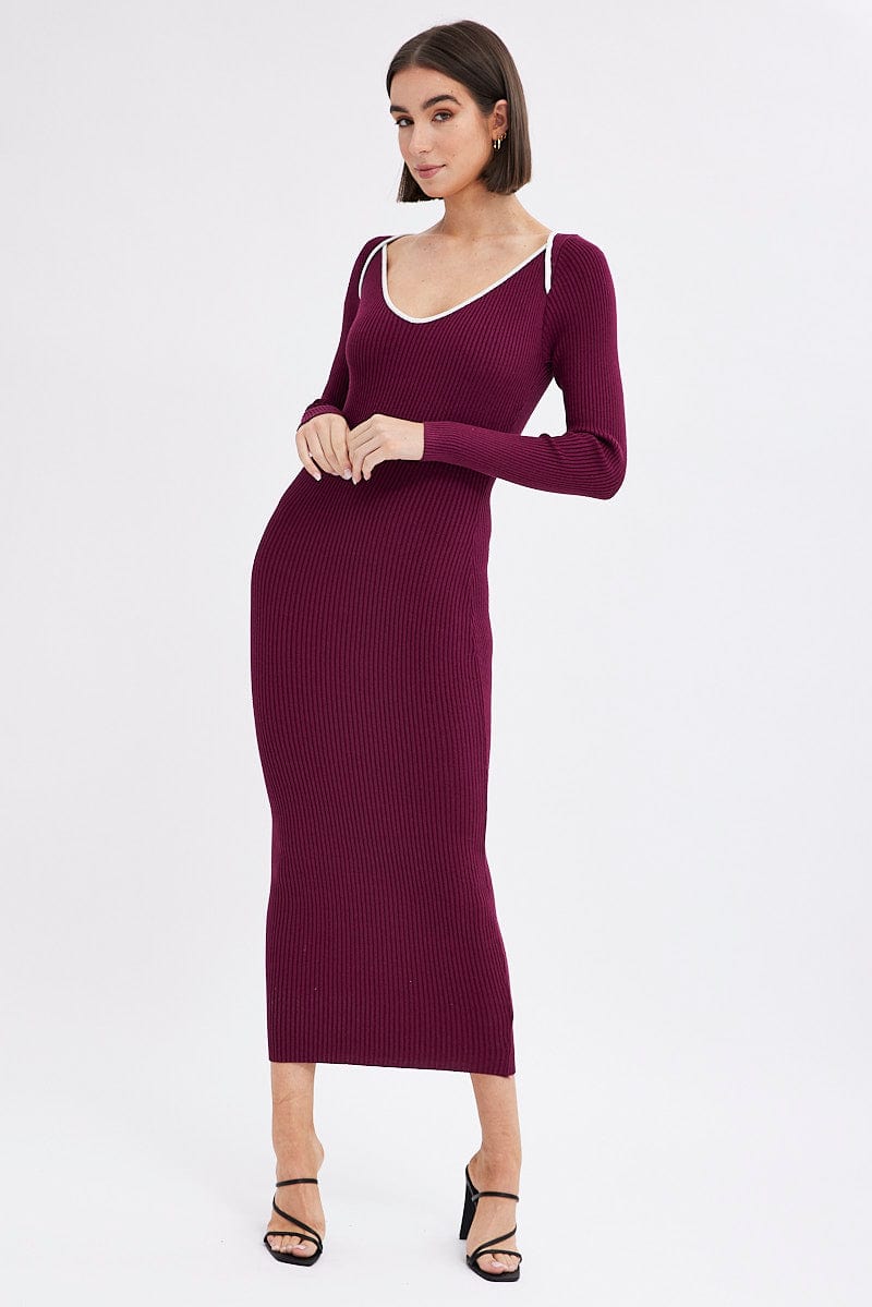 Purple Midi Dress Long Sleeve Sweetheart Contrast Bind for Ally Fashion