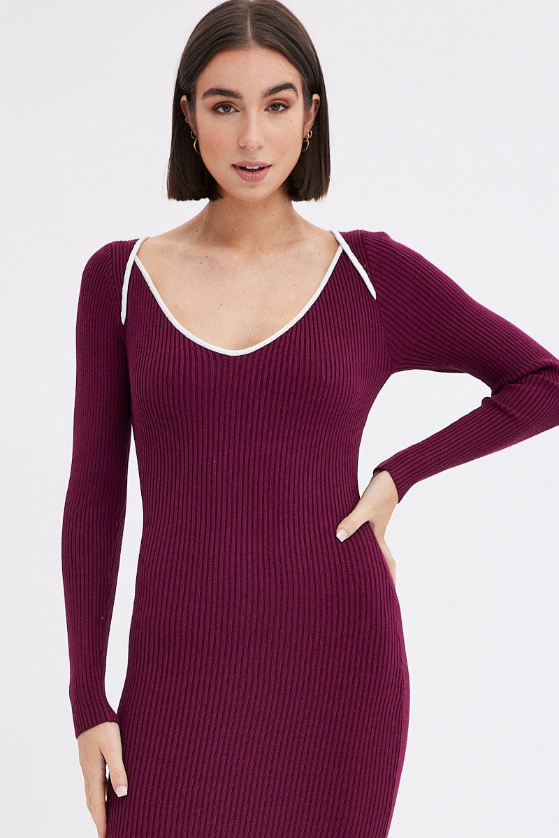 Purple Midi Dress Long Sleeve Sweetheart Contrast Bind for Ally Fashion