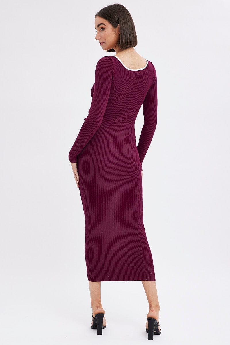 Purple Midi Dress Long Sleeve Sweetheart Contrast Bind | Ally Fashion