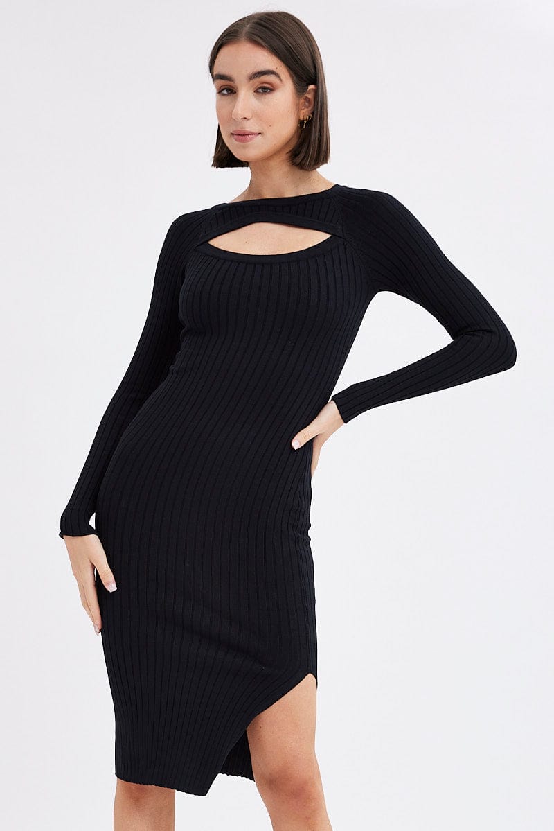 Black Midi Dress Long Sleeve Round Neck Keyhole Rib Knit for Ally Fashion