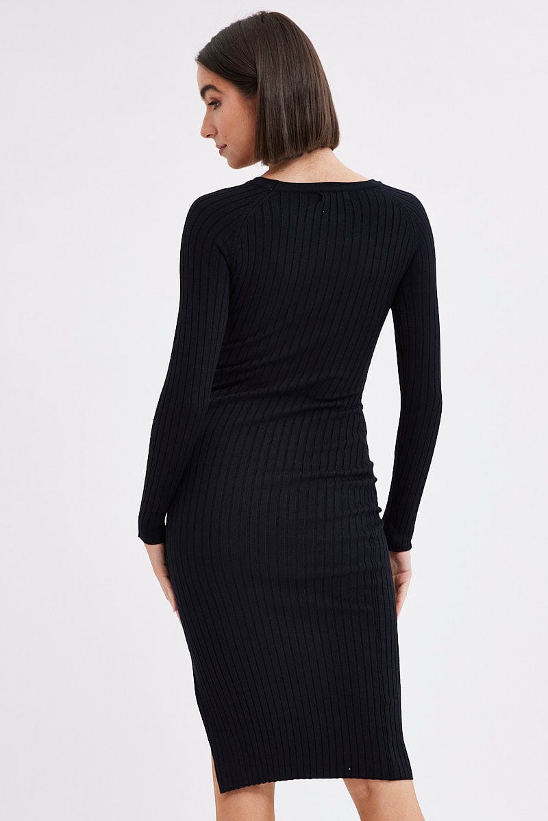 Black Midi Dress Long Sleeve Round Neck Keyhole Rib Knit for Ally Fashion