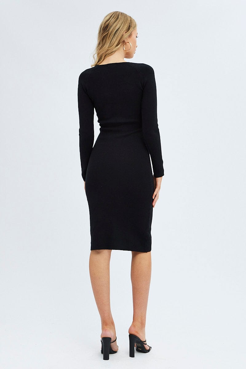 Black Midi Dress Long Sleeve Sweetheart Neckline Knit for Ally Fashion