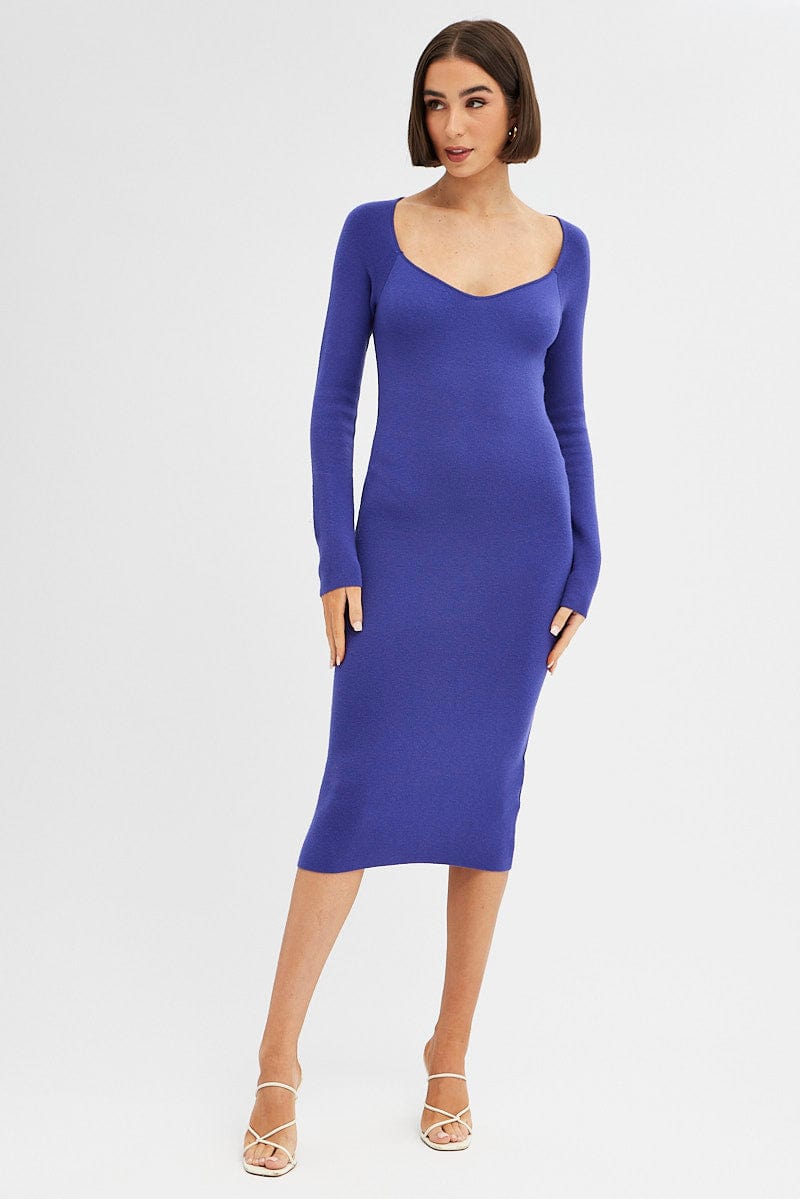 Purple Midi Dress Long Sleeve Sweetheart Neckline Knit for Ally Fashion