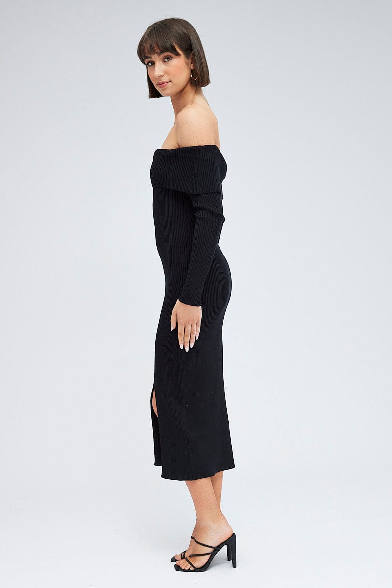 Black Midi Dress Long Sleeve Off Shoulder Bardot Knit for Ally Fashion