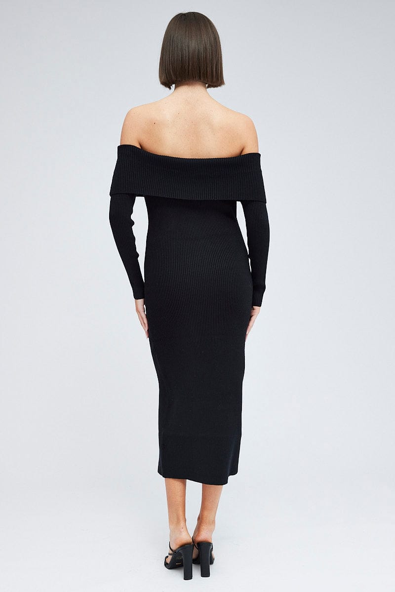 Black Midi Dress Long Sleeve Off Shoulder Bardot Knit for Ally Fashion