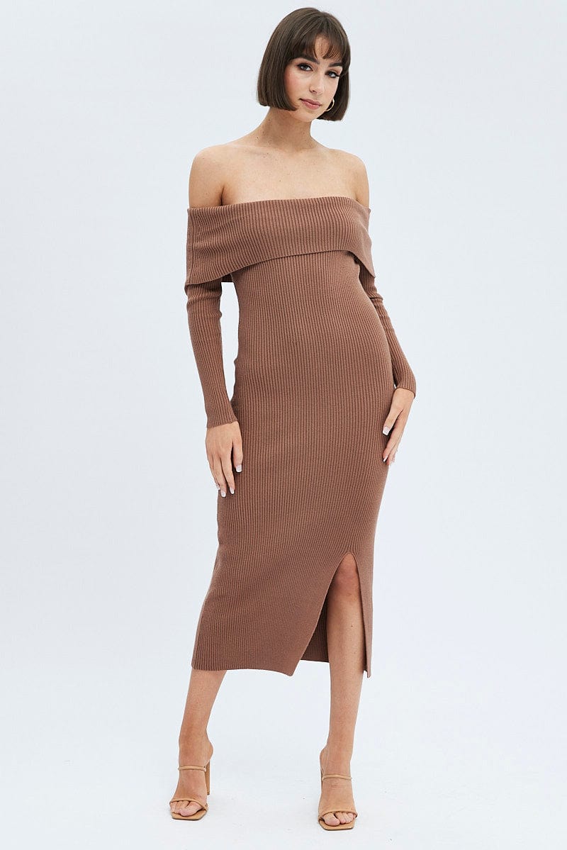 Brown Midi Dress Long Sleeve Off Shoulder Bardot Knit for Ally Fashion