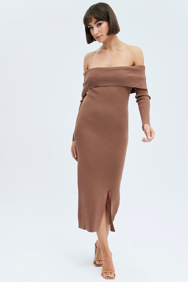 Brown Midi Dress Long Sleeve Off Shoulder Bardot Knit for Ally Fashion