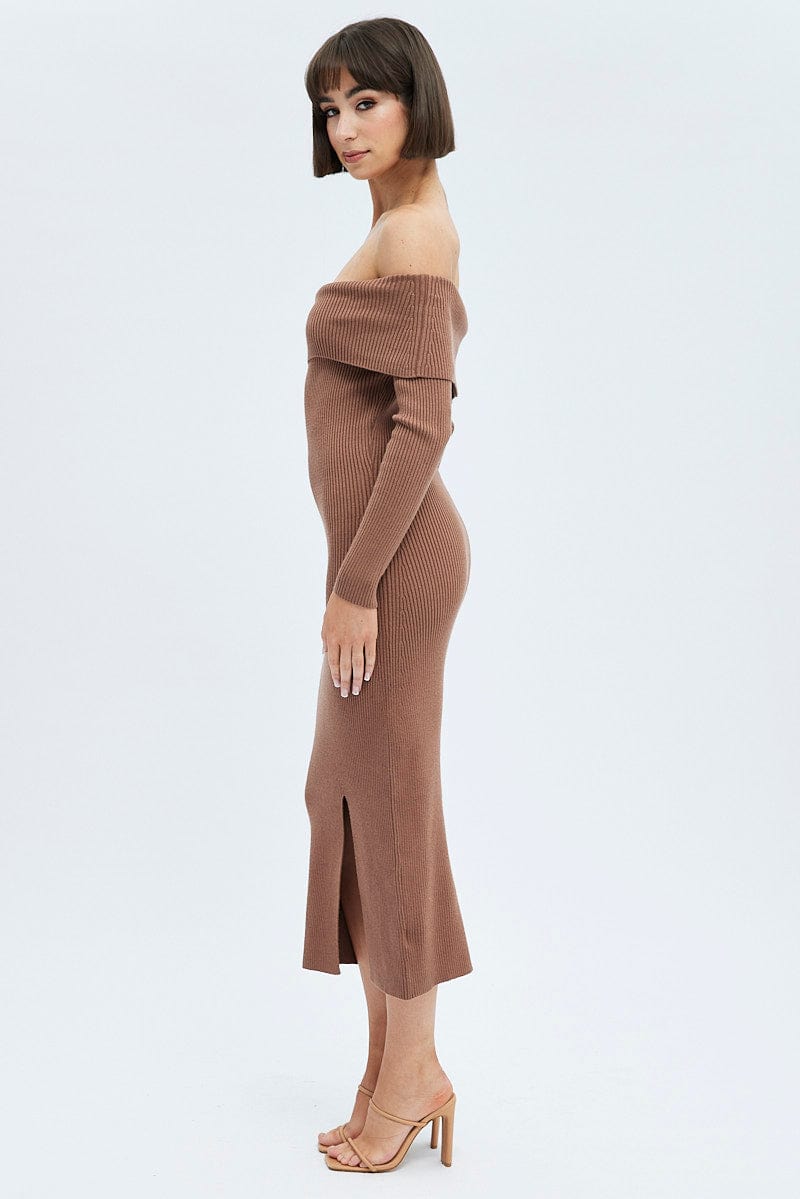 Brown Midi Dress Long Sleeve Off Shoulder Bardot Knit for Ally Fashion