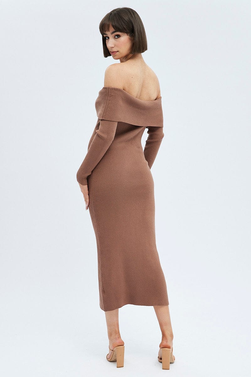 Brown Midi Dress Long Sleeve Off Shoulder Bardot Knit for Ally Fashion