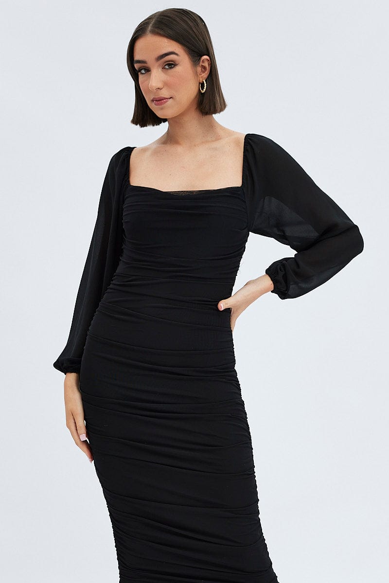Black Midi Dress Long Sleeve Square Neck Ruched Bodycon | Ally Fashion Black Midi Dress Long Sleeve Square Neck Ruched Bodycon | Ally Fashion