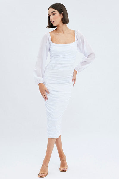 white long sleeve ruched bodycon dress KIZN Lace Long Sleeve Ruched Bodycon Maxi Dress With See Through Design For Date Night Club Night Party Wedding Guest Event White Floral Autumn SexyMISSGUIDED