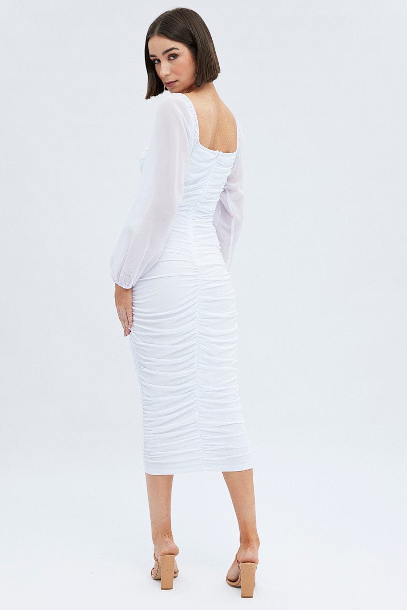 White Midi Dress Long Sleeve Square Neck Ruched Bodycon | Ally Fashion White Midi Dress Long Sleeve Square Neck Ruched Bodycon | Ally Fashion