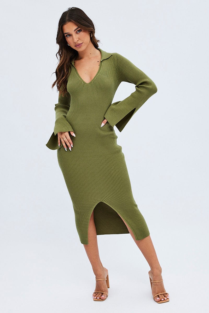 Green Midi Dress Long Sleeve V-Neck Collared Knit for Ally Fashion