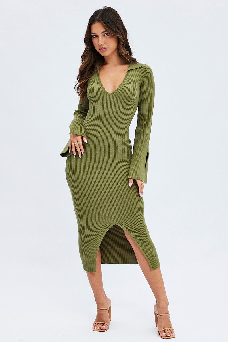 Green Midi Dress Long Sleeve V-Neck Collared Knit for Ally Fashion