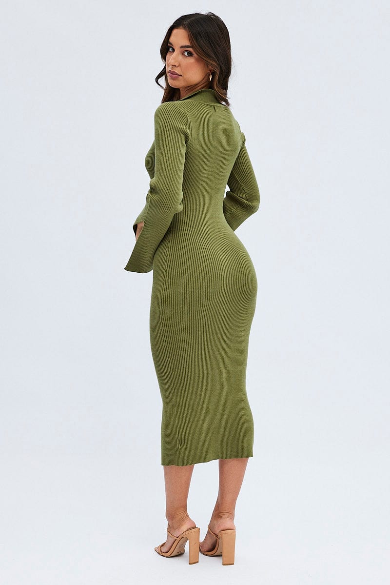 Green Midi Dress Long Sleeve V-Neck Collared Knit | Ally Fashion Green Midi Dress Long Sleeve V-Neck Collared Knit | Ally Fashion
