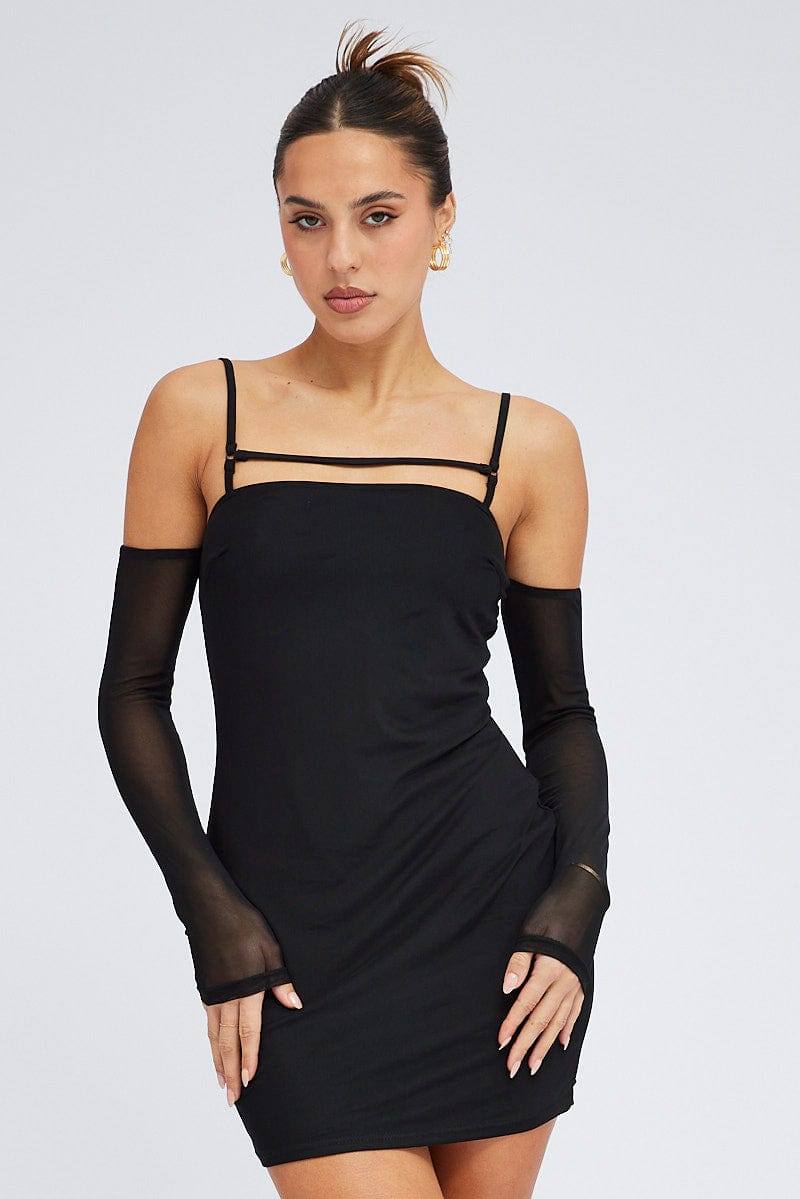 Black Mini Dress Long Sleeve Cold Shoulder Bodycon Mesh for Ally Fashion