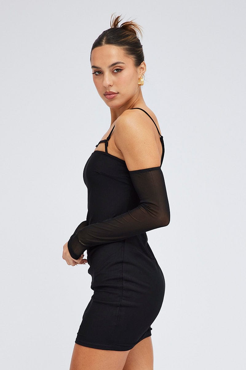 Black Mini Dress Long Sleeve Cold Shoulder Bodycon Mesh Ally Fashion