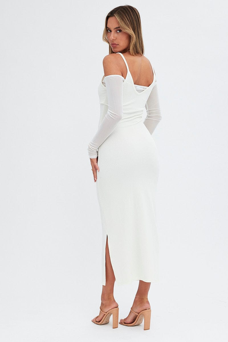 White Maxi Dress Long Sleeve Cold Shoulder Mesh Textured Ally