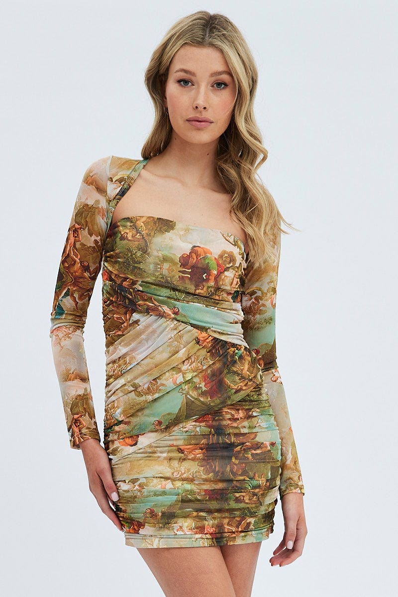multi print mesh cup detail ruched bodycon dress Floral Ruched Mini Dress