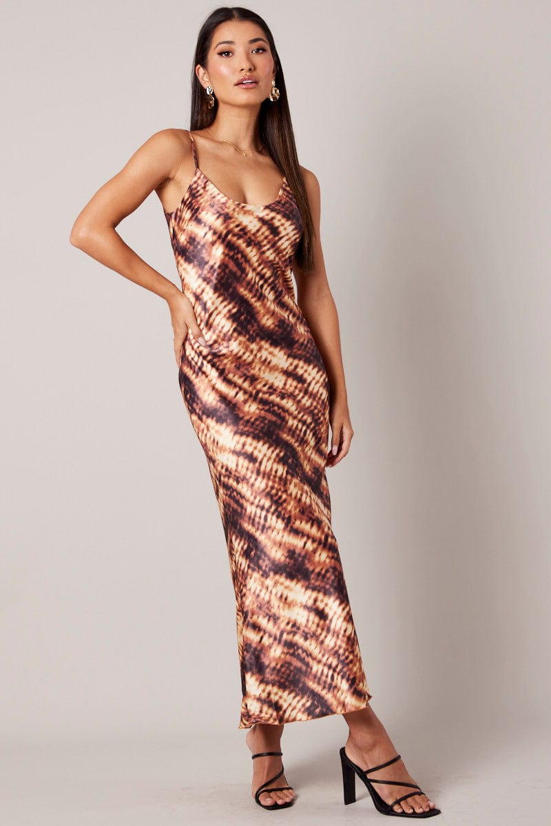 Brown Abstract Maxi Dress Strappy for Ally Fashion