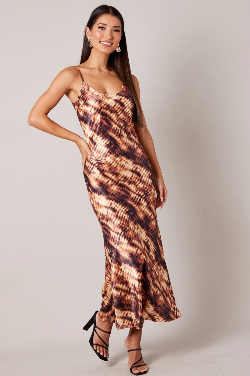 Brown Abstract Maxi Dress Strappy for Ally Fashion