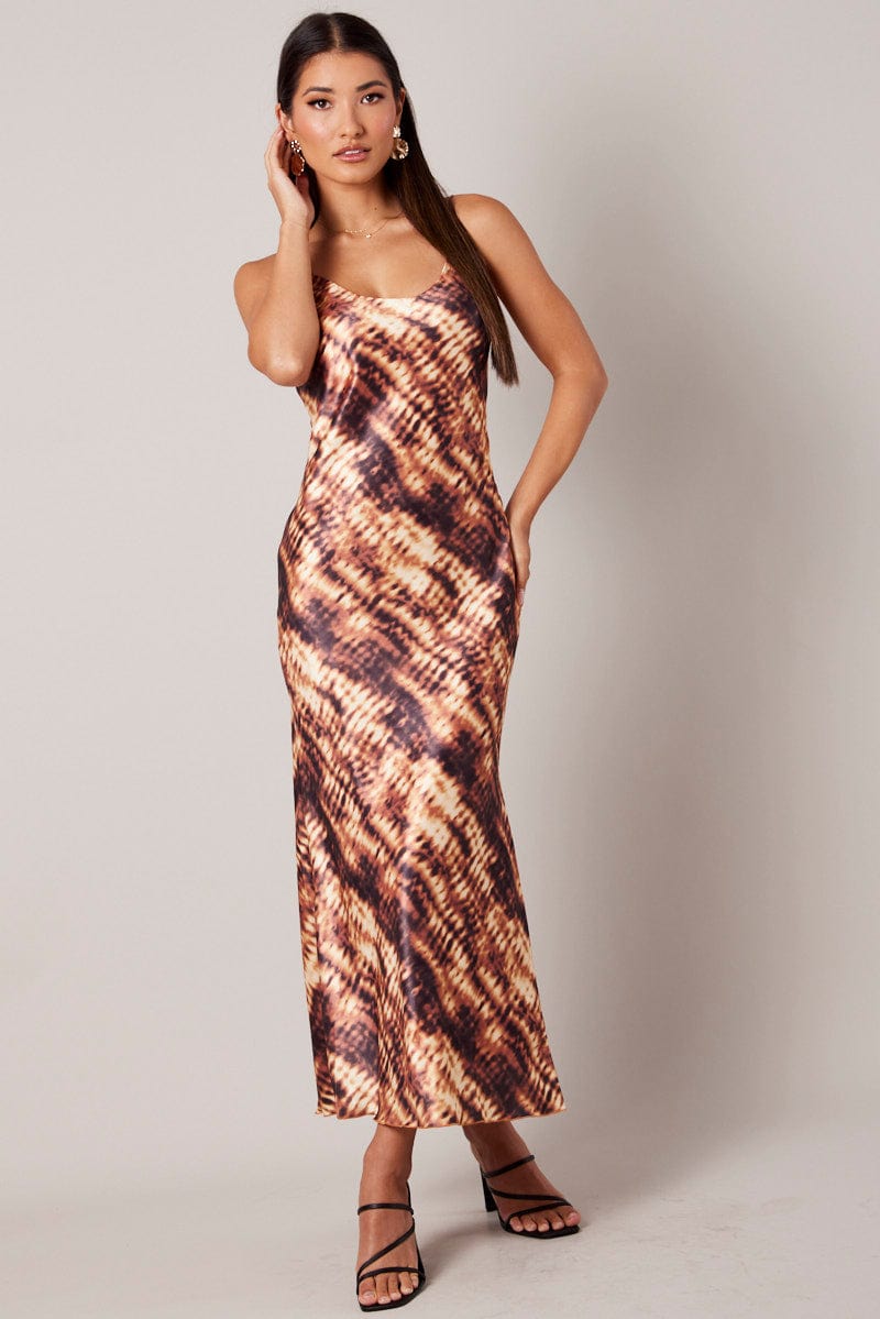Brown Abstract Maxi Dress Strappy for Ally Fashion