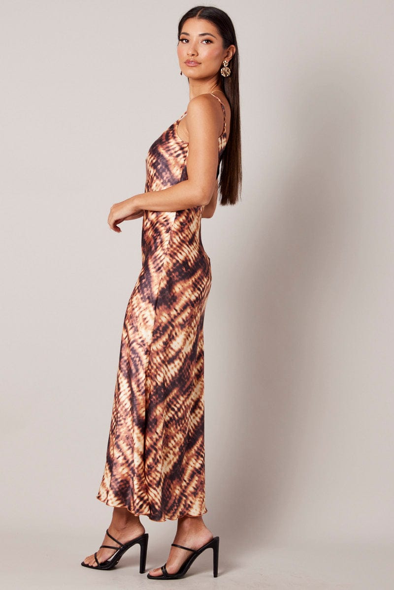 Brown Abstract Maxi Dress Strappy for Ally Fashion