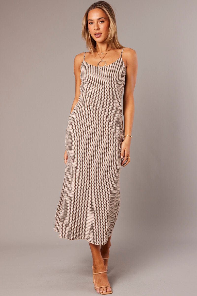 Brown Geo Maxi Dress Strappy for Ally Fashion