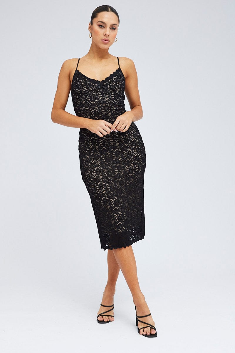 Black Midi Dress Sleeveless V-Neck Bodycon Lace Stretch for Ally Fashion