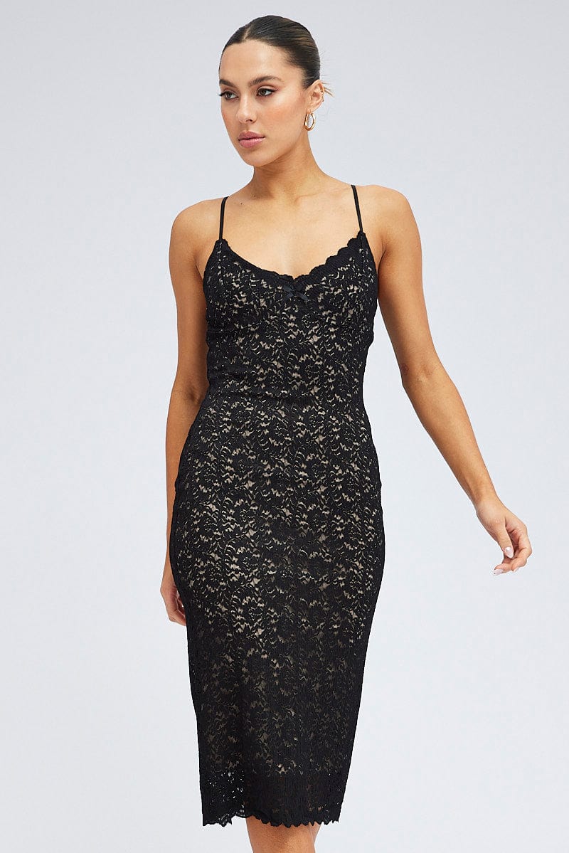 Black Midi Dress Sleeveless V-Neck Bodycon Lace Stretch for Ally Fashion