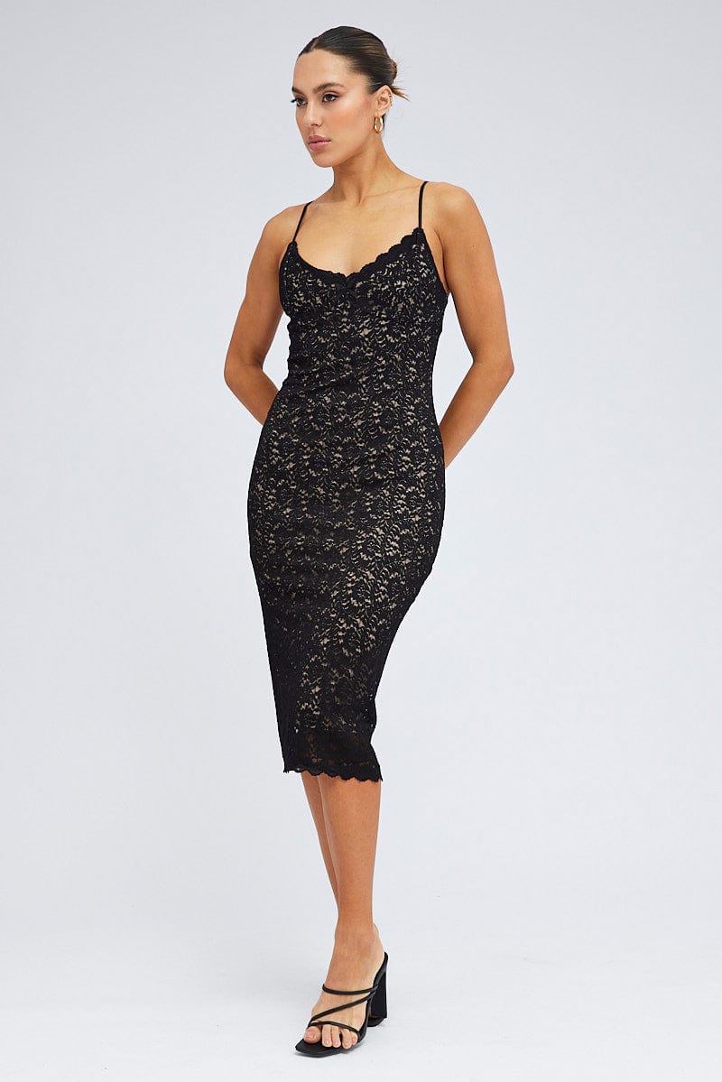 Black Midi Dress Sleeveless V-Neck Bodycon Lace Stretch for Ally Fashion