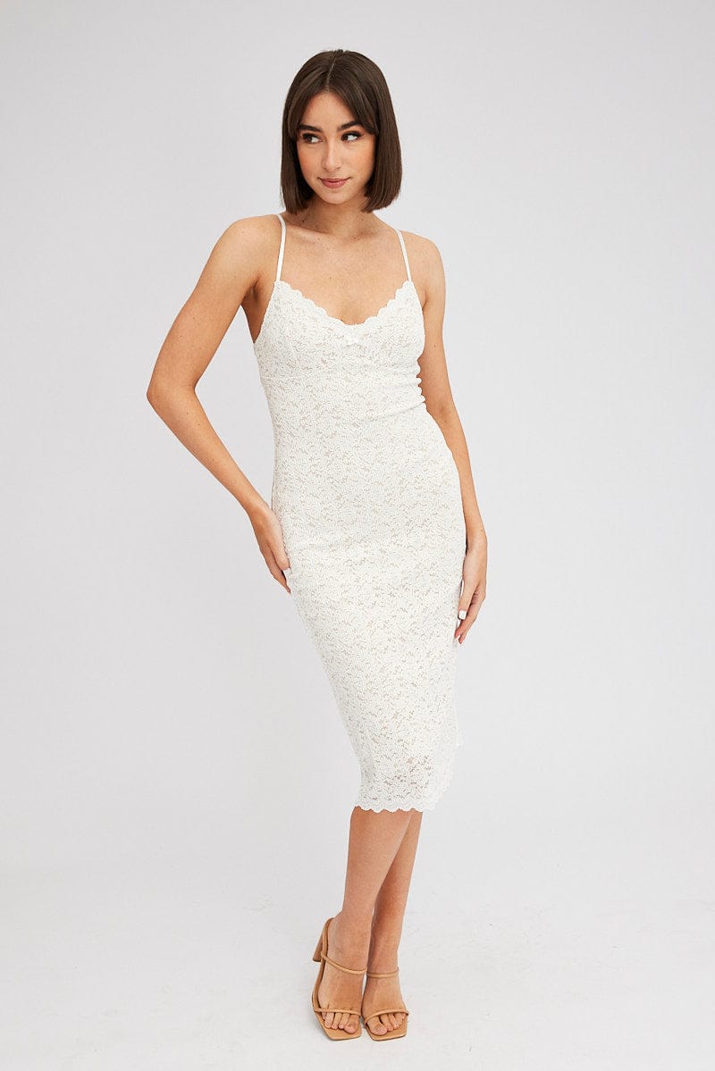 White Midi Dress Sleeveless V-Neck Bodycon Lace Stretch for Ally Fashion