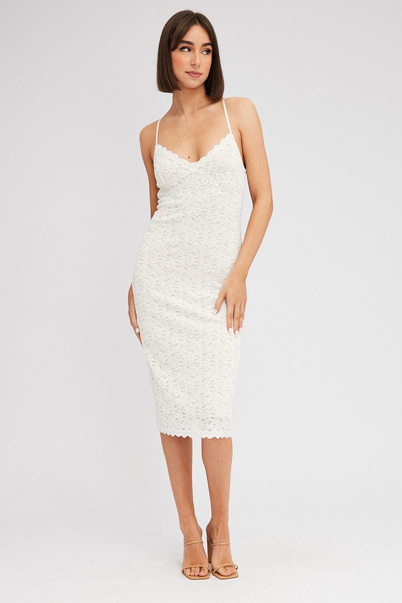 White Midi Dress Sleeveless V-Neck Bodycon Lace Stretch for Ally Fashion